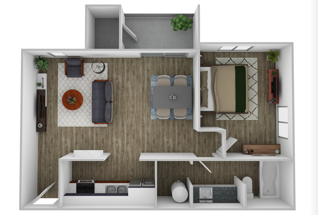 Floor plan for 1 bed, 1 bath, 660 sqft